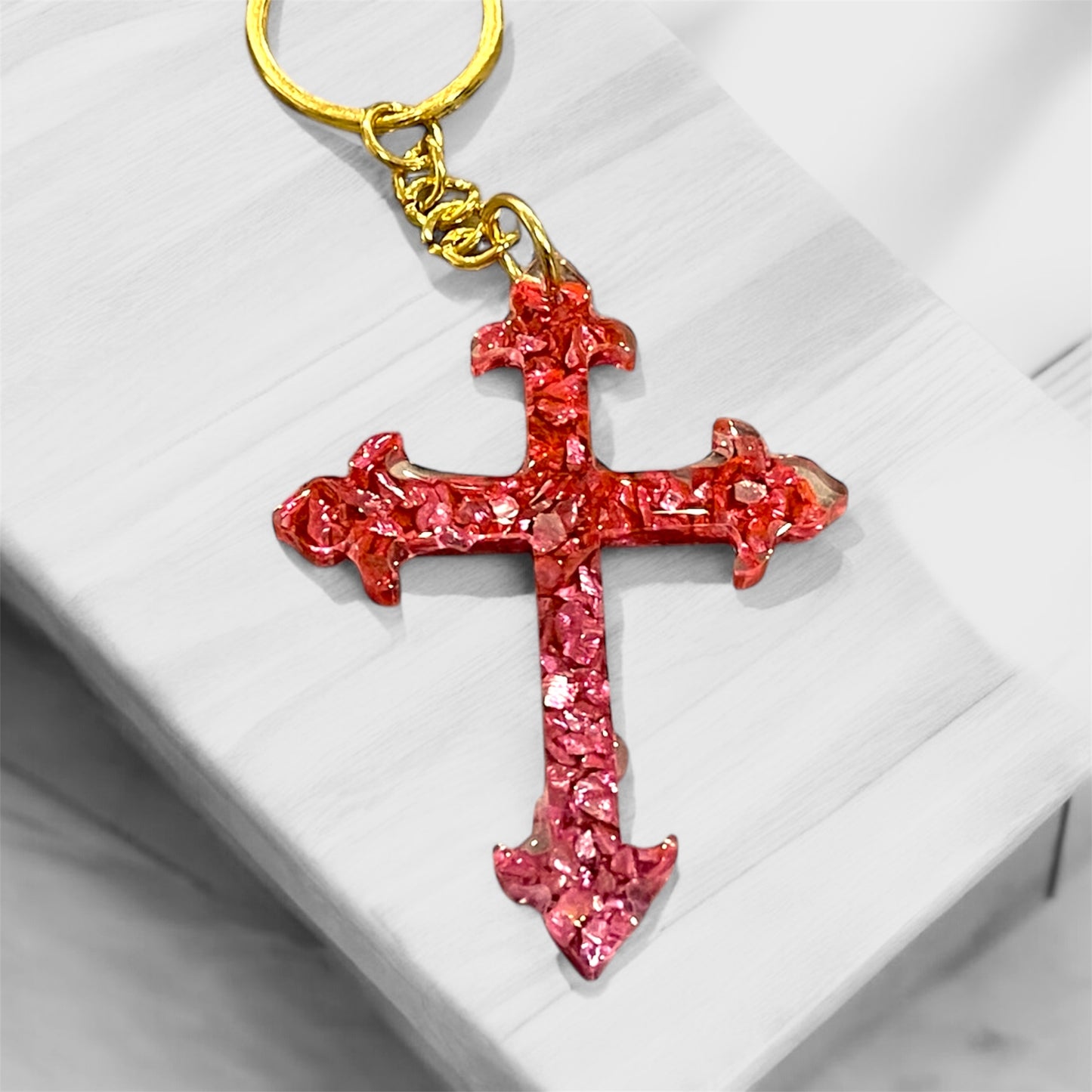 Colorful sparkling resin cross keychains 