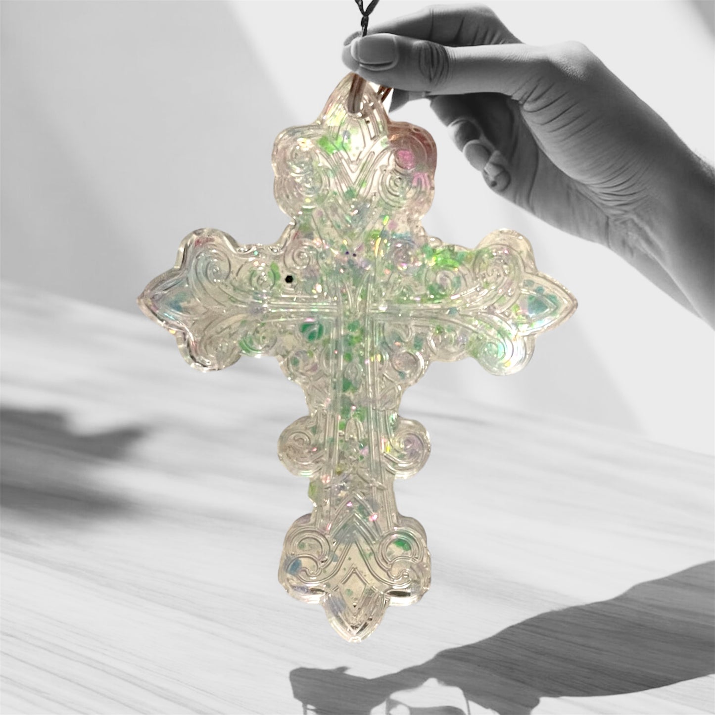 Colorful sparkling resin cross keychains 