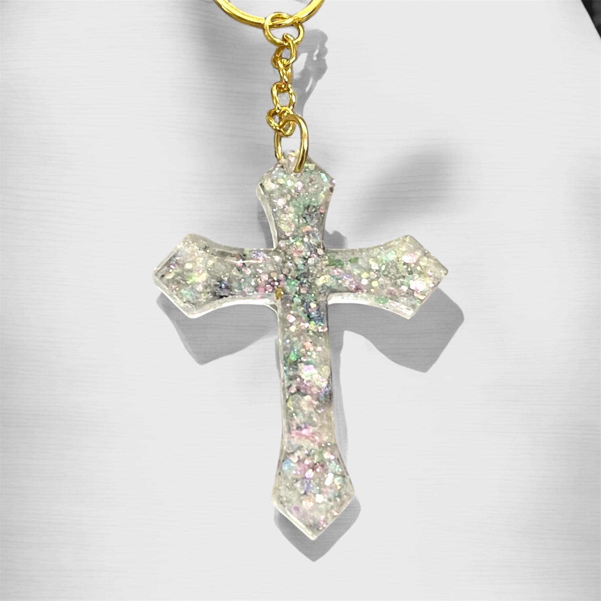 Colorful sparkling resin cross keychains 