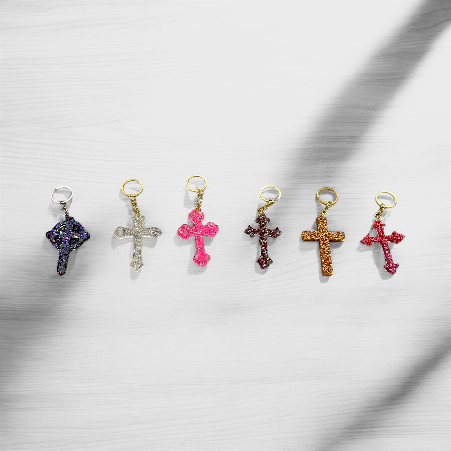 Colorful sparkling resin cross keychains 