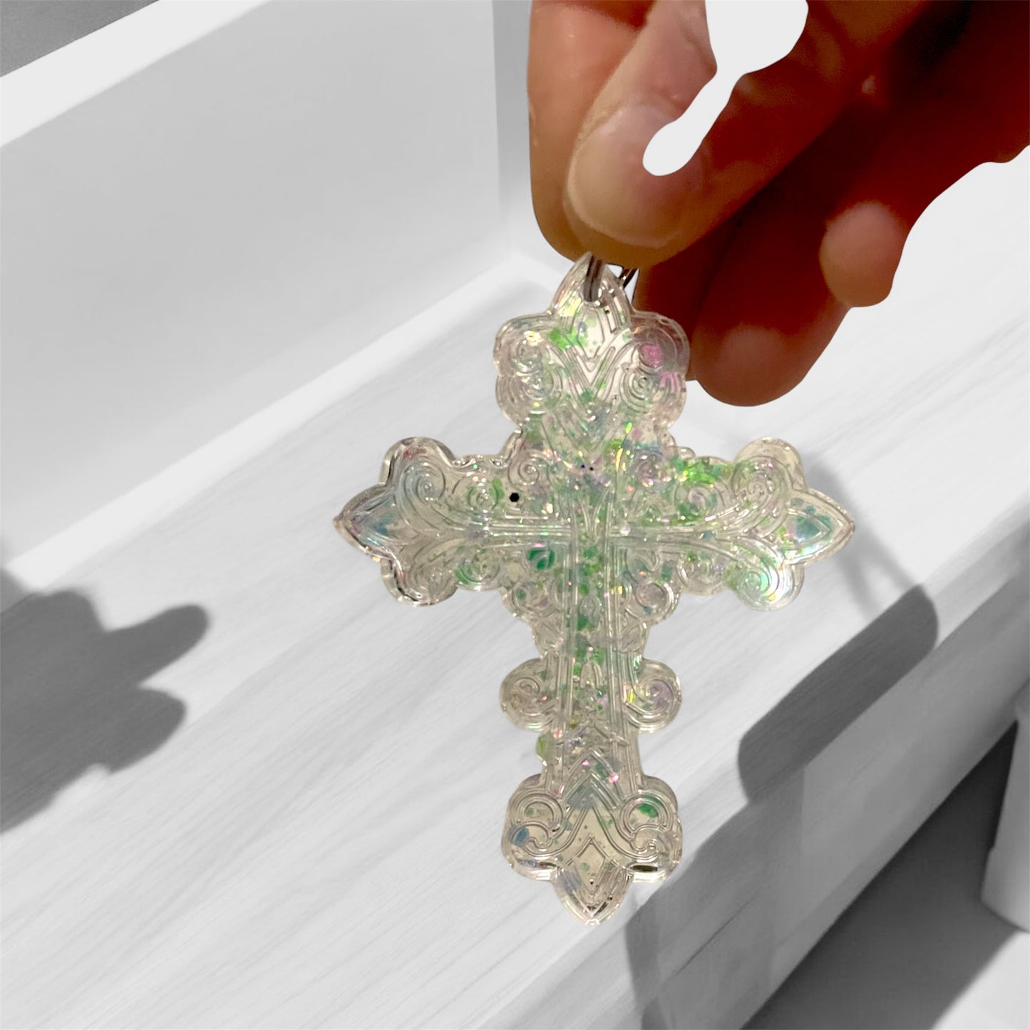 Colorful sparkling resin cross keychains  