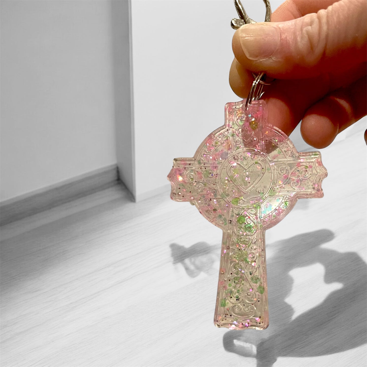 Colorful sparkling resin cross keychains 