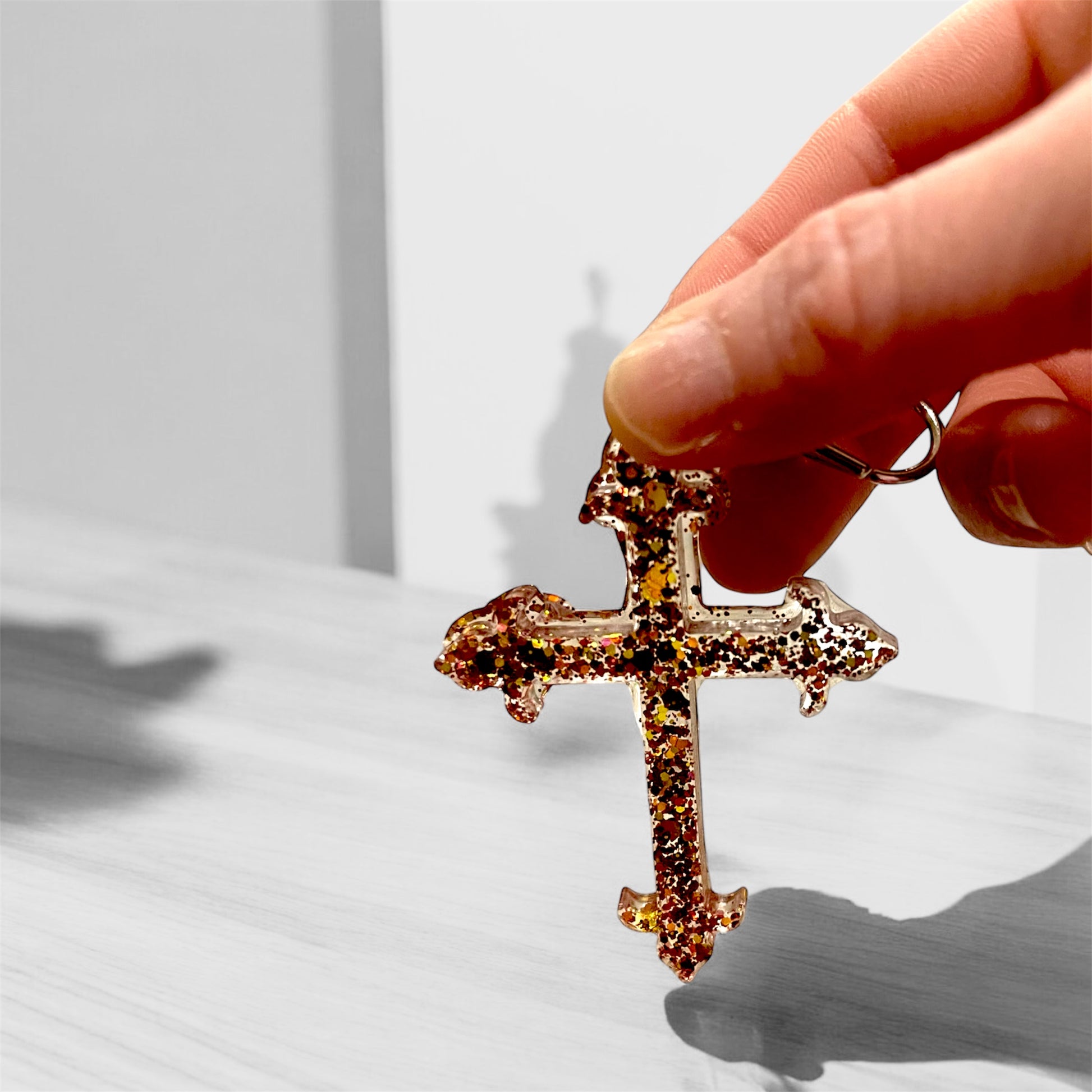 Colorful sparkling resin cross keychains 