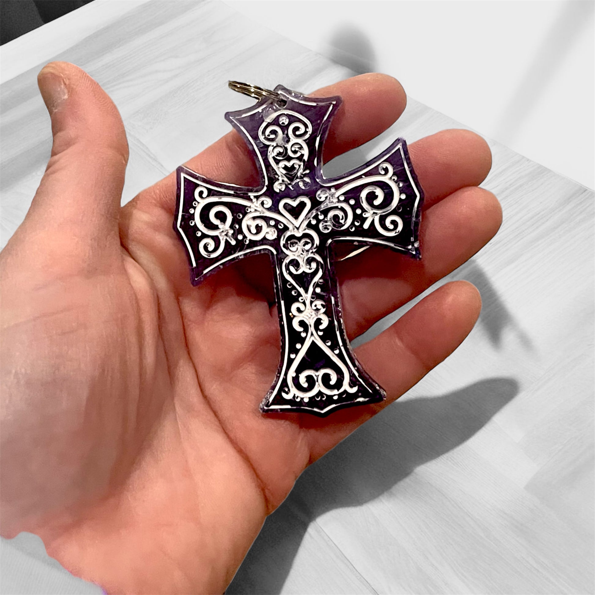 Unique, durable hand-painted resin cross keychains