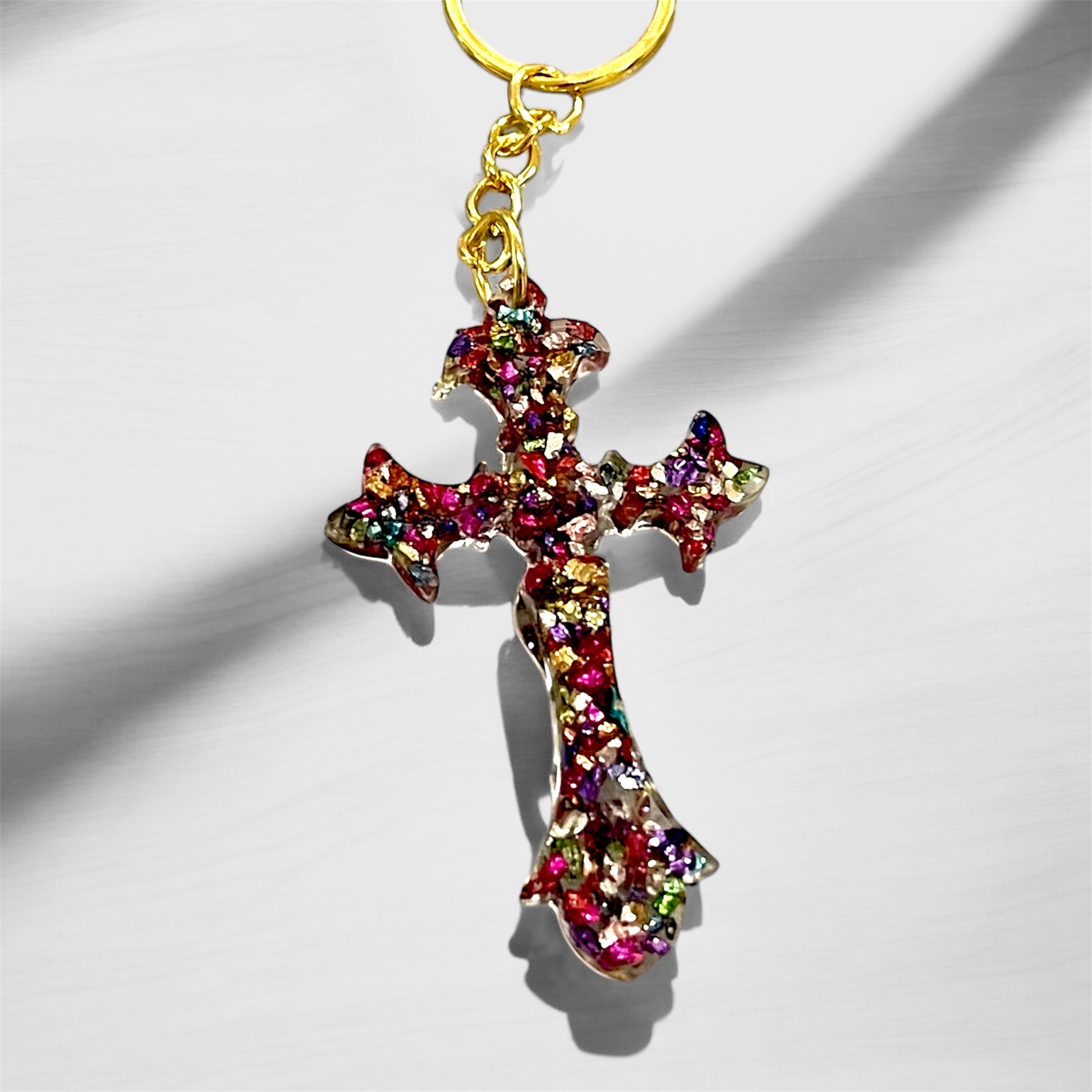 Colorful sparkling resin cross keychains 