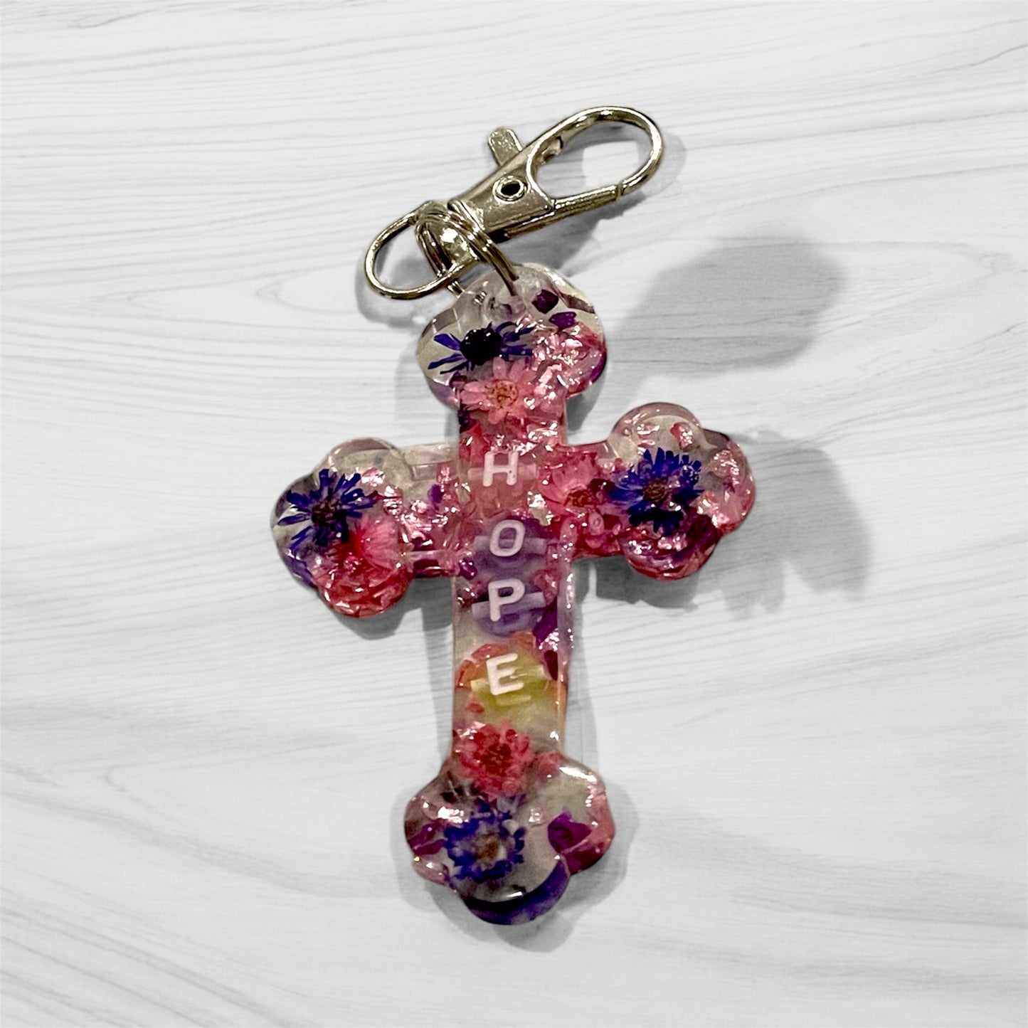 Handmade Resin Cross Keychain Collection - Faith Hope Love Dried Flower Christian Keychains - Inspirational Religious Gift Set